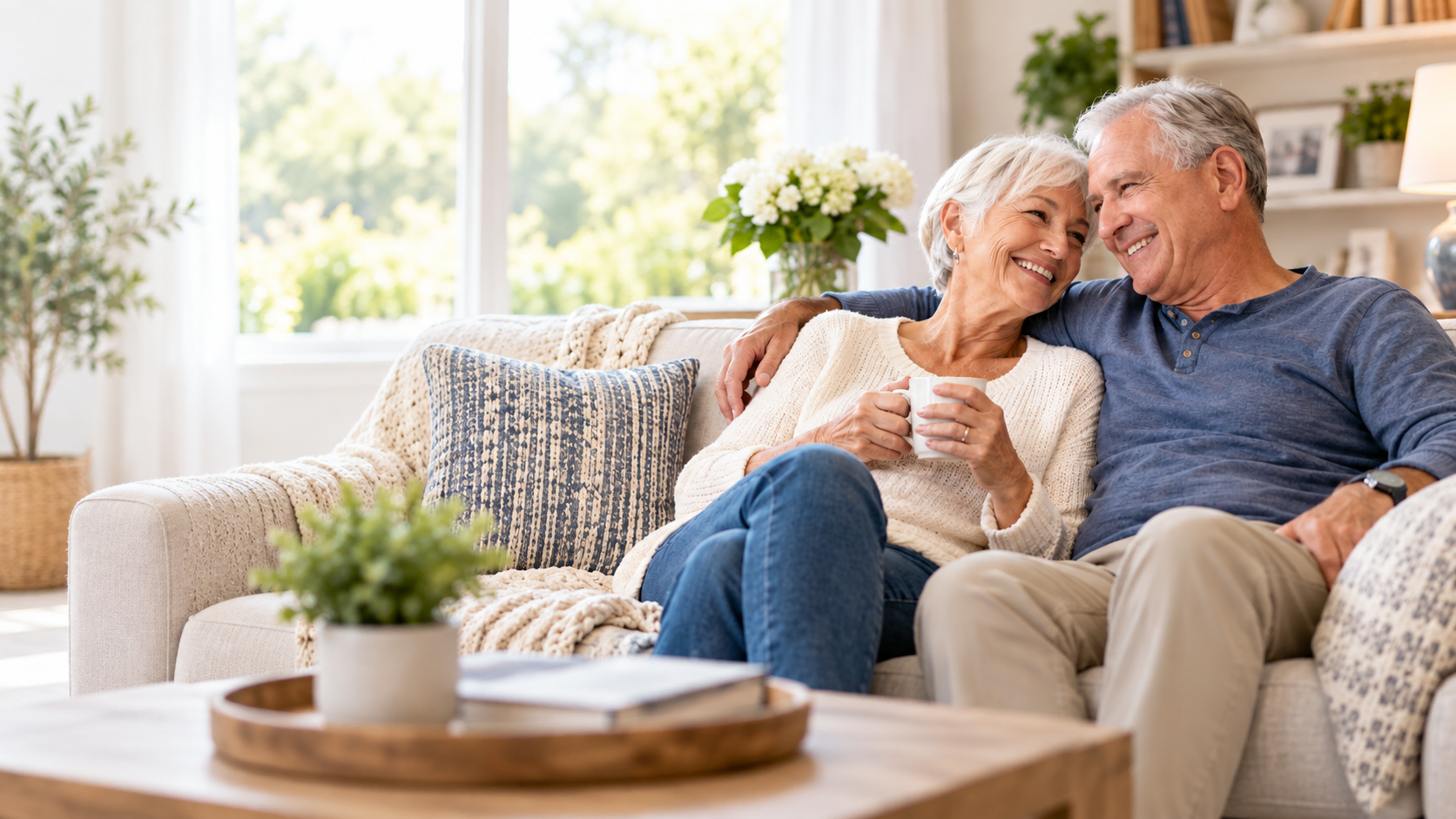 A couple in their sixties sitting together at home