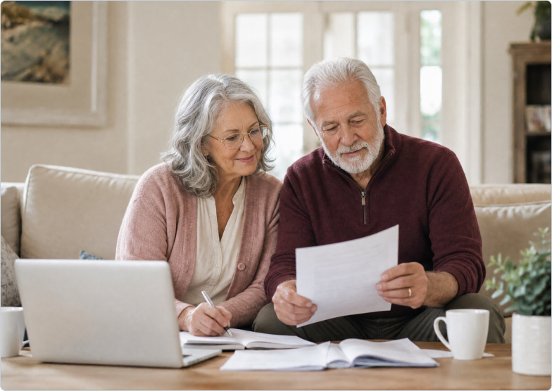 A couple reviewing plan documents together at home