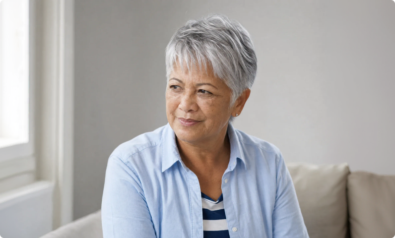 A woman in her sixties sitting at home